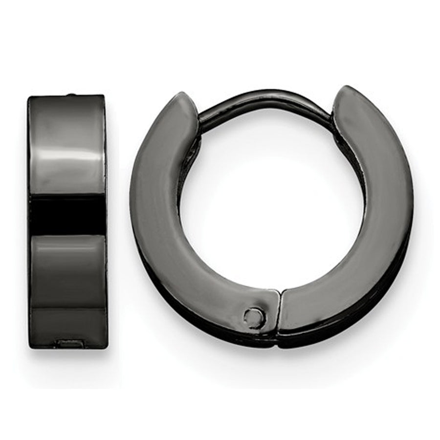 Black Plated Stainless Steel Polished Hinged Hoop Earrings Image 1