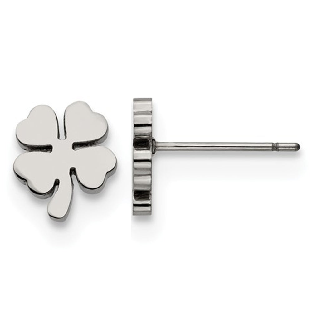 Four Leaf Clover Post Charm Earrings Polished Stainless Steel Image 1