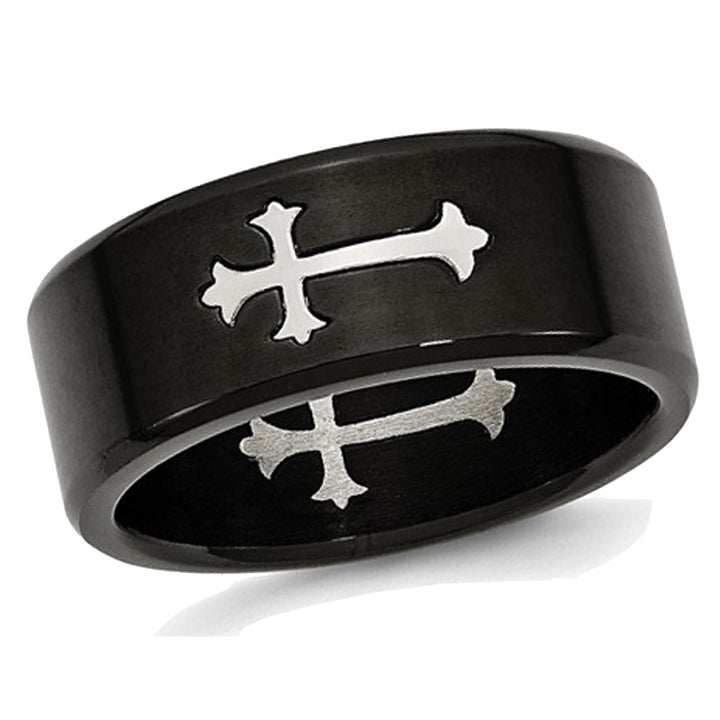 Mens Black Plated Stainless Steel 9mm Brushed Cross Wedding Band Ring Image 1