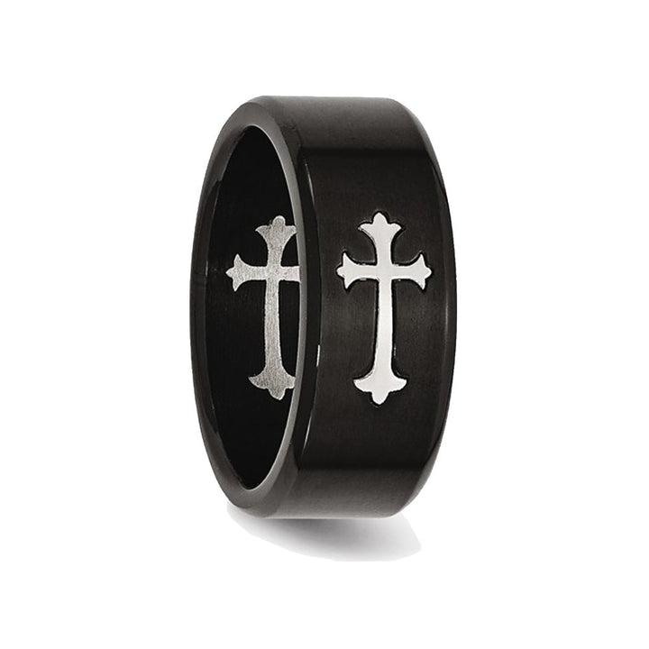 Mens Black Plated Stainless Steel 9mm Brushed Cross Wedding Band Ring Image 3