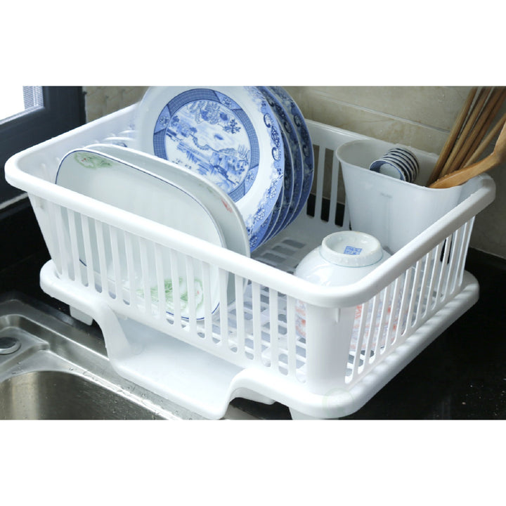 Heavy Duty Plastic Dish Drying Rack Set White Large Drainer with Utensil Cup Image 2