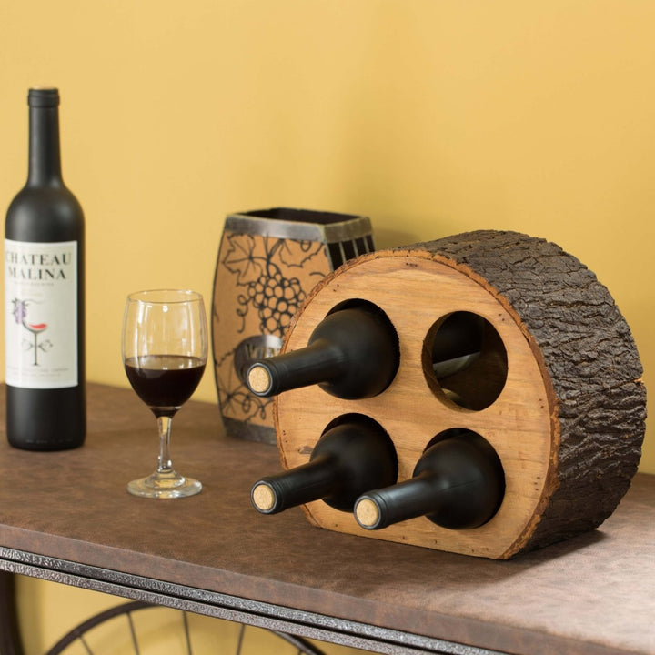 Wood Log Wine Rack Holder Rustic 4 Bottle Countertop Tree Stump 11in x 5.75in Image 2