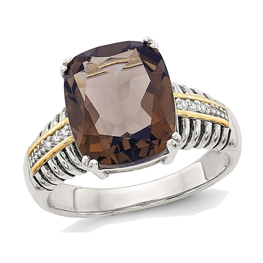 4.50 Carat (ctw) Smoky Quartz Ring in Sterling Silver with 14K Gold Accents and Accent Diamonds Image 1