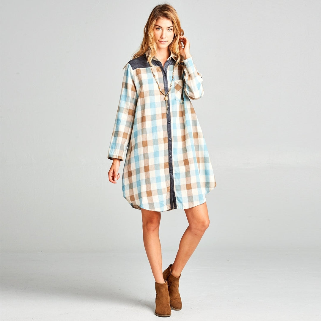 Suede Mix Checkered Shirt Dress Image 1