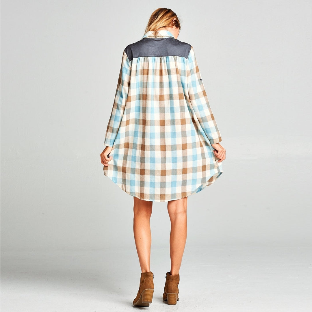 Suede Mix Checkered Shirt Dress Image 2