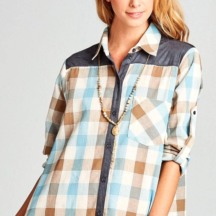 Suede Mix Checkered Shirt Dress Image 3