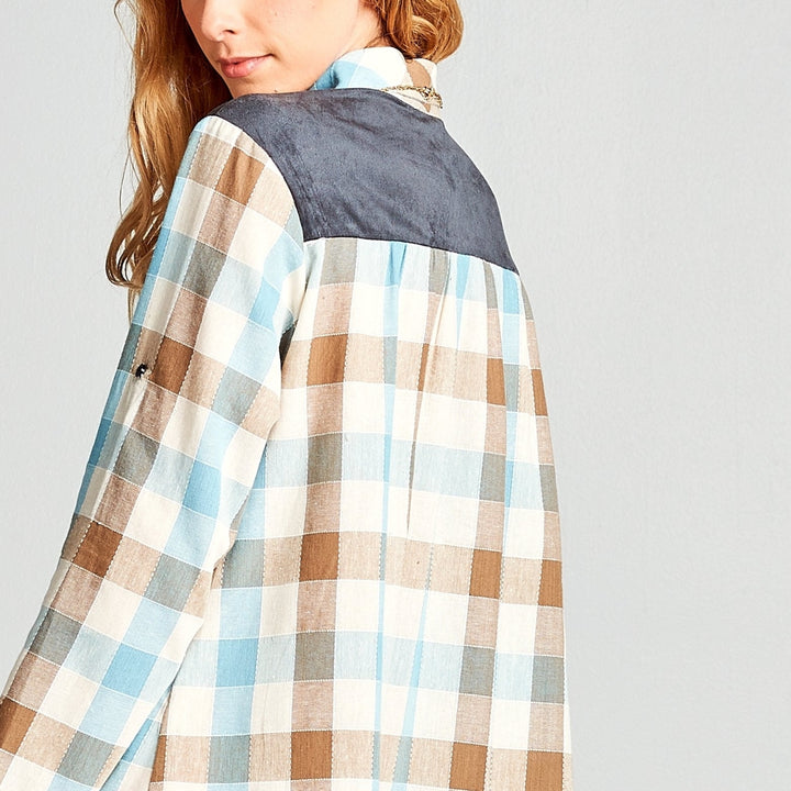 Suede Mix Checkered Shirt Dress Image 4