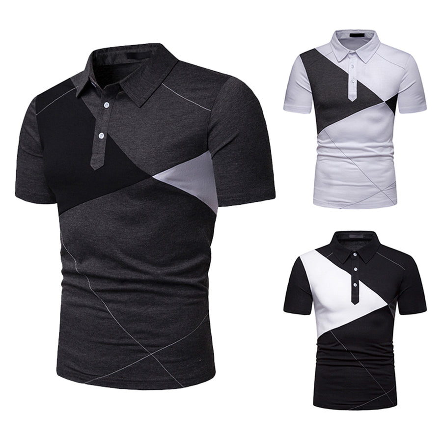 Men Polo Shirt Golf Collar Short Sleeve Patchwork T-shirt Summer Business Shirts Slim Fit Buttons Tops Image 1