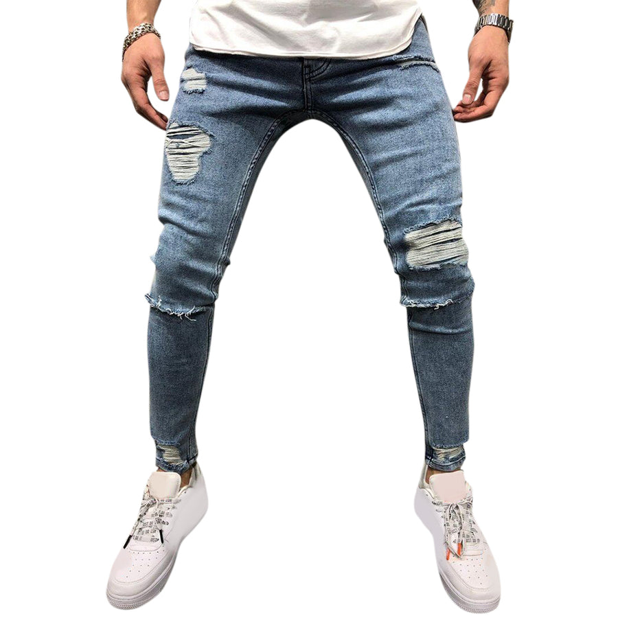 Men Ripped Jeans Slim Fit Skinny Stretch Jeans Pants Image 1
