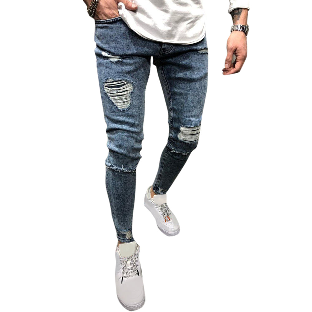 Men Ripped Jeans Slim Fit Skinny Stretch Jeans Pants Image 2