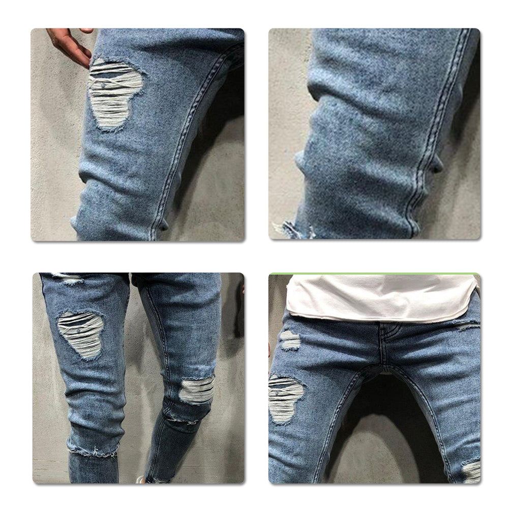 Men Ripped Jeans Slim Fit Skinny Stretch Jeans Pants Image 3