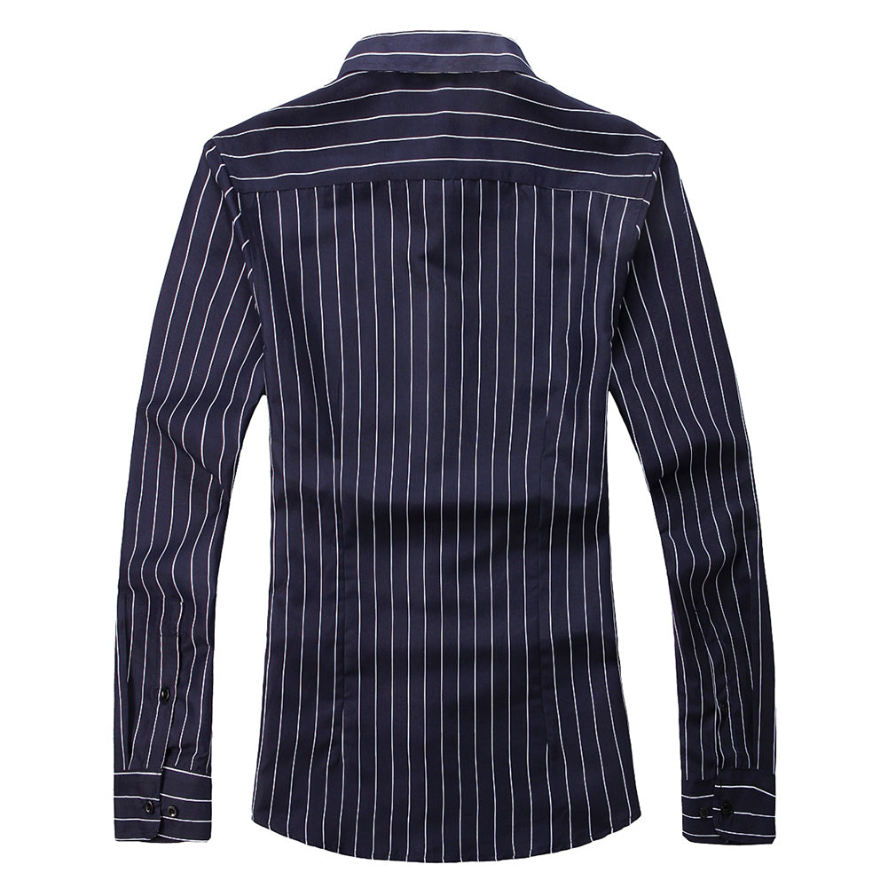 Men Classic Casual Vertical Striped Long Sleeve Dress Shirts Image 3