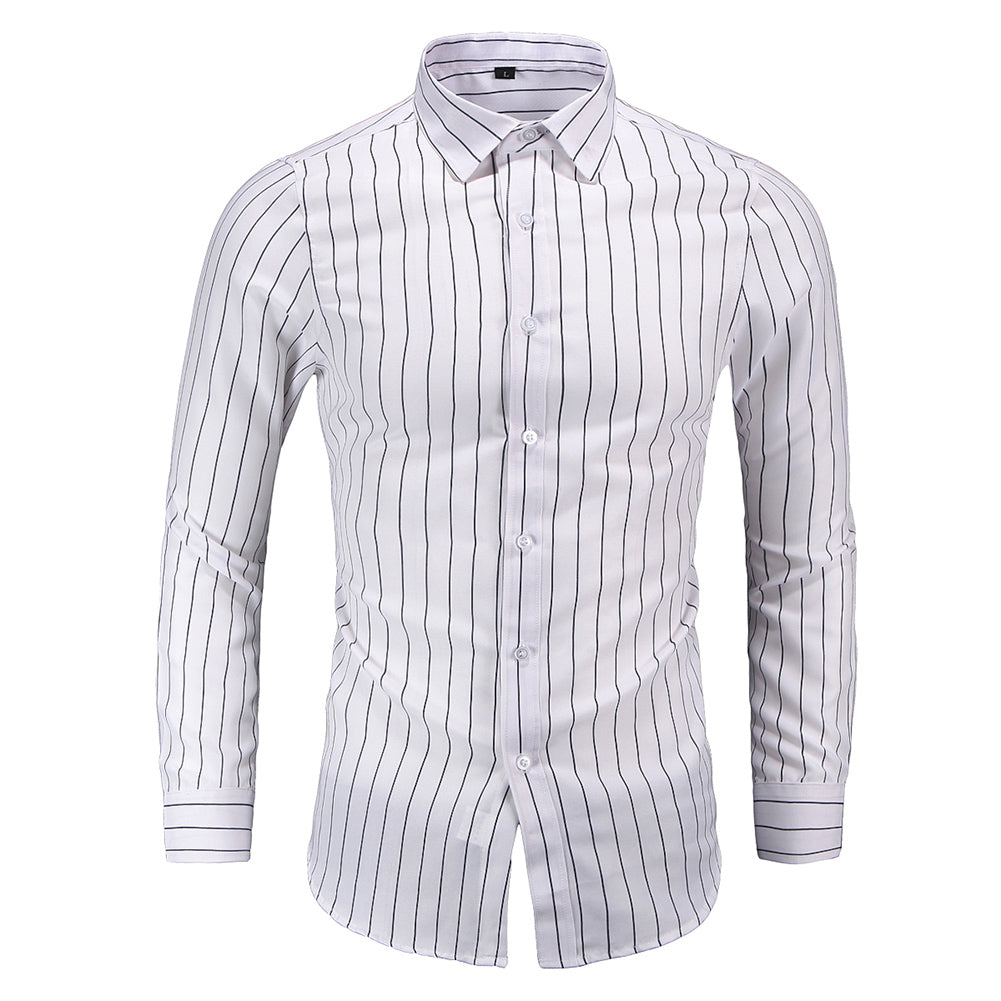 Men Classic Casual Vertical Striped Long Sleeve Dress Shirts Image 4