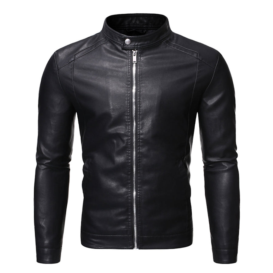 Men Jackets Stand Collar Zip Faux Leather Motorcycle Biker Jacket Image 1