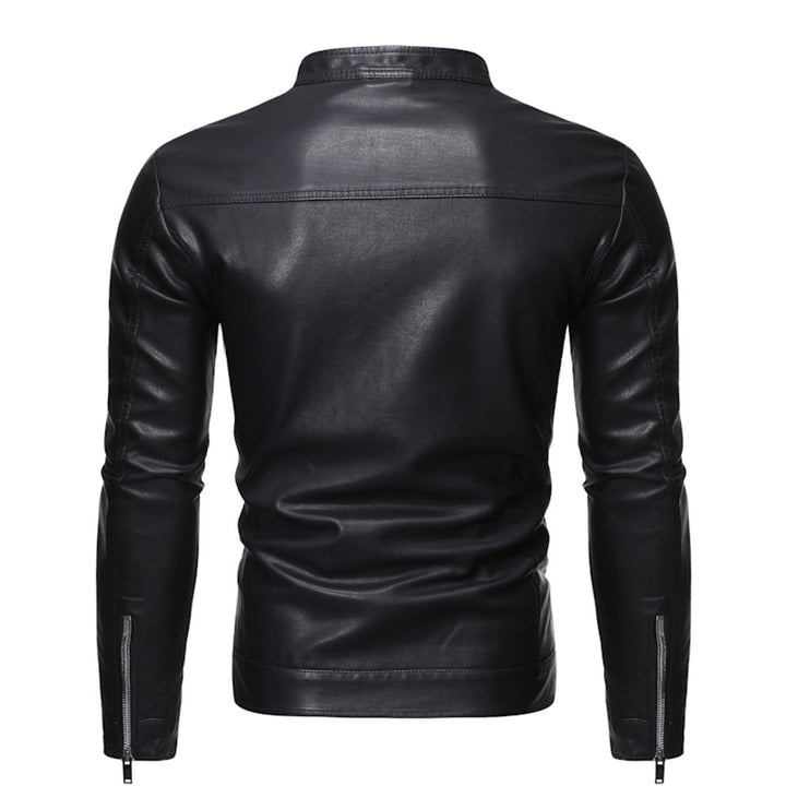 Men Jackets Stand Collar Zip Faux Leather Motorcycle Biker Jacket Image 3