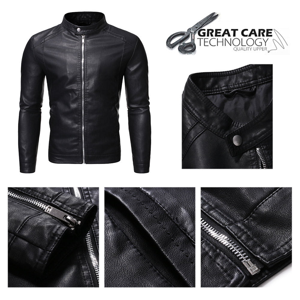 Men Jackets Stand Collar Zip Faux Leather Motorcycle Biker Jacket Image 4
