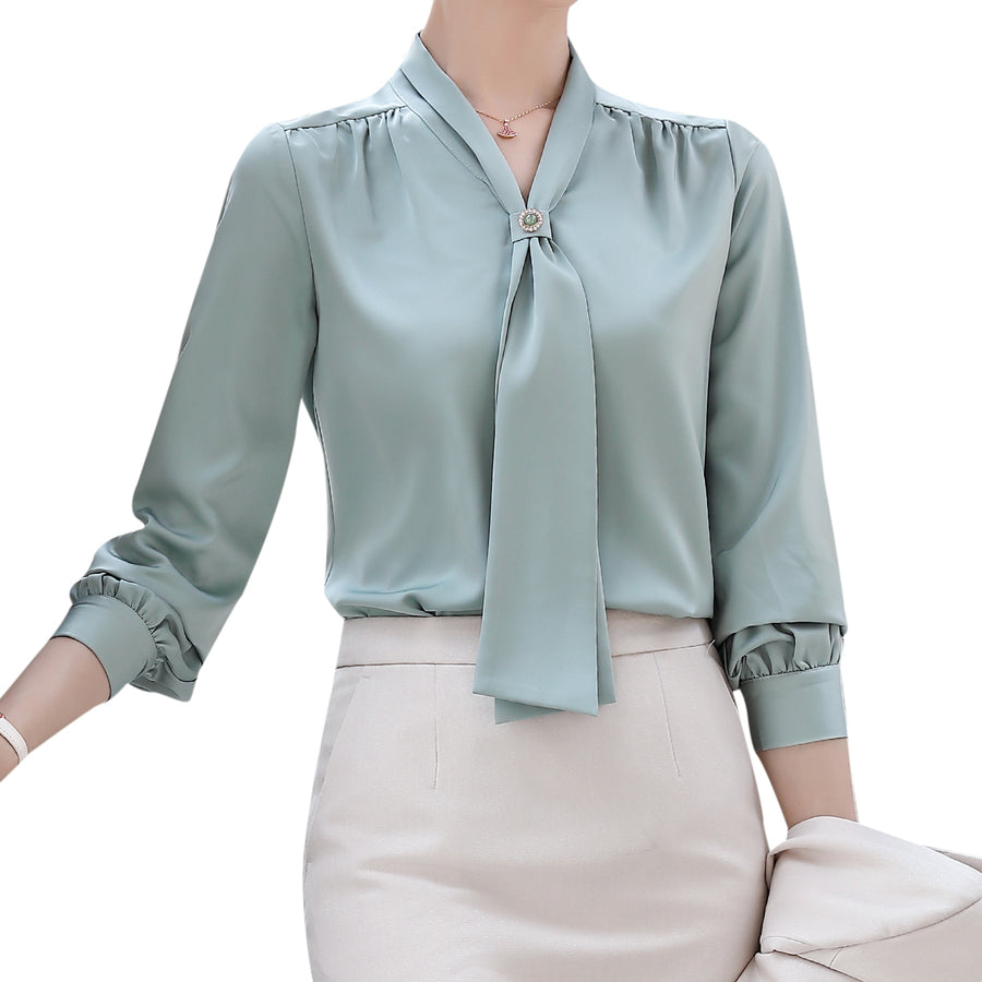 Women Casual Long Sleeve Trim Bow Tie Pullover Top Shirts Image 1