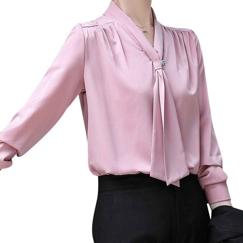 Women Casual Long Sleeve Trim Bow Tie Pullover Top Shirts Image 2