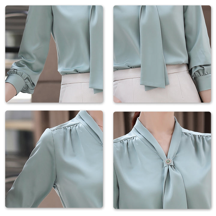 Women Casual Long Sleeve Trim Bow Tie Pullover Top Shirts Image 3