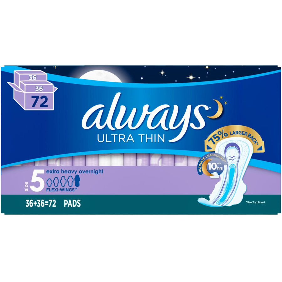 Always Ultra Thin Size 5 Extra Heavy Overnight Pads With Wings (72 Count) Image 1