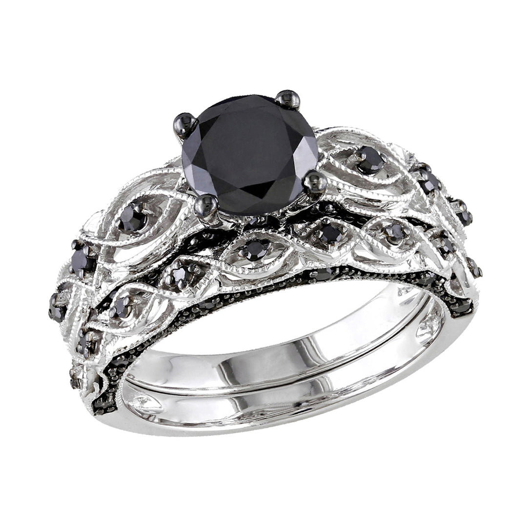 1.39 Carat (ctw) Black Diamond Engagement Ring and Wedding Band Set in 10K White Gold Image 1