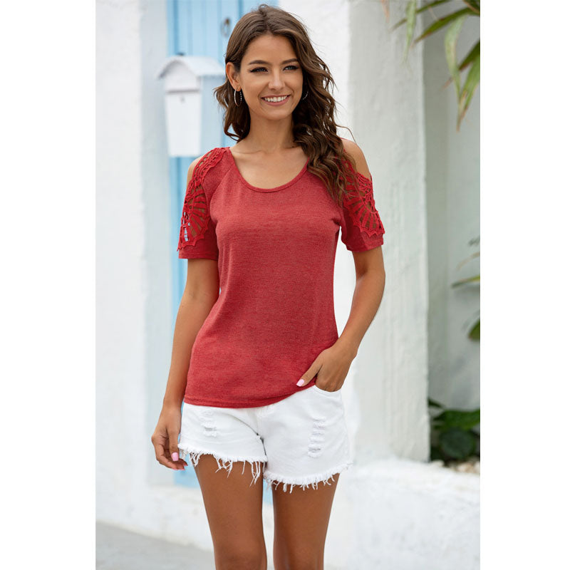 Womens Short Sleeve Lace Shirt Cold Shoulder Tops Basic Tee Crochet Blouses Image 1