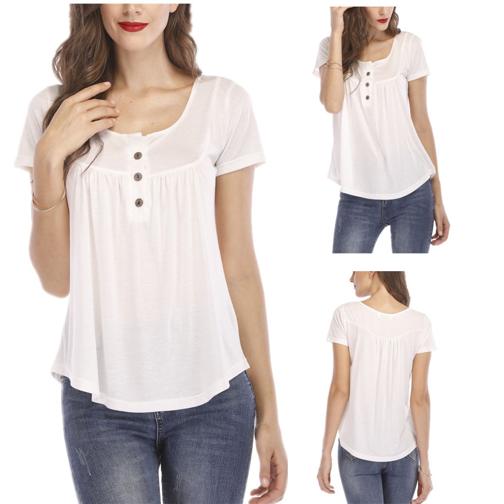 Women Pleated Soft Comfy Button Closure Tunic Top Image 4
