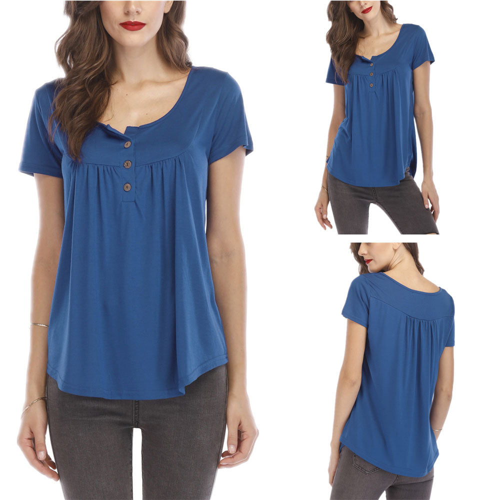 Women Pleated Soft Comfy Button Closure Tunic Top Image 1