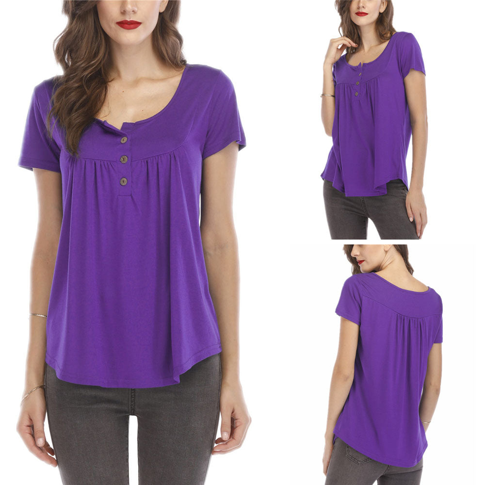 Women Pleated Soft Comfy Button Closure Tunic Top Image 2
