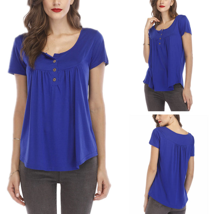 Women Pleated Soft Comfy Button Closure Tunic Top Image 3