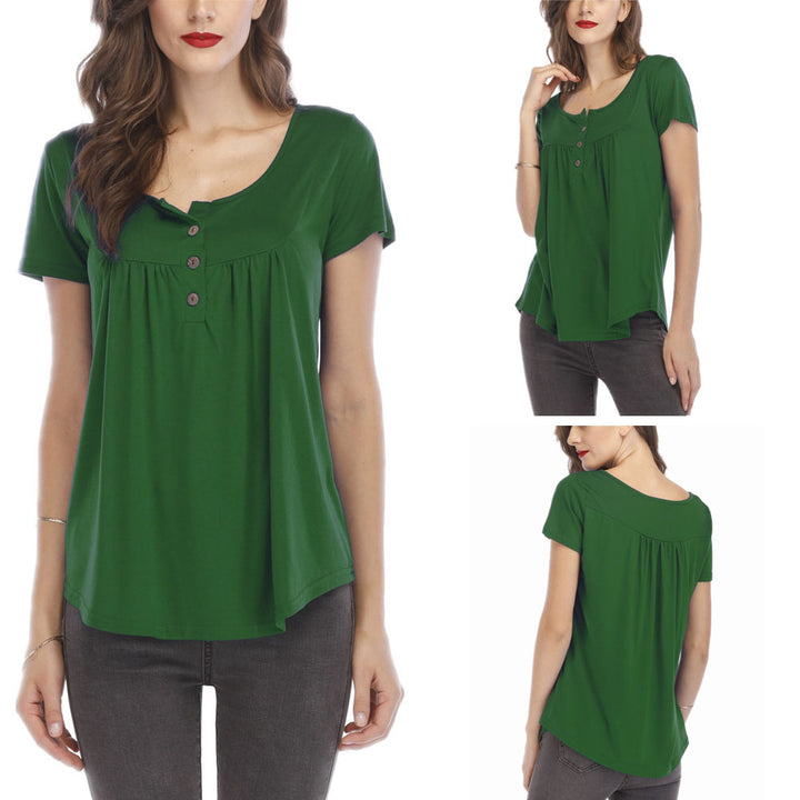 Women Pleated Soft Comfy Button Closure Tunic Top Image 1