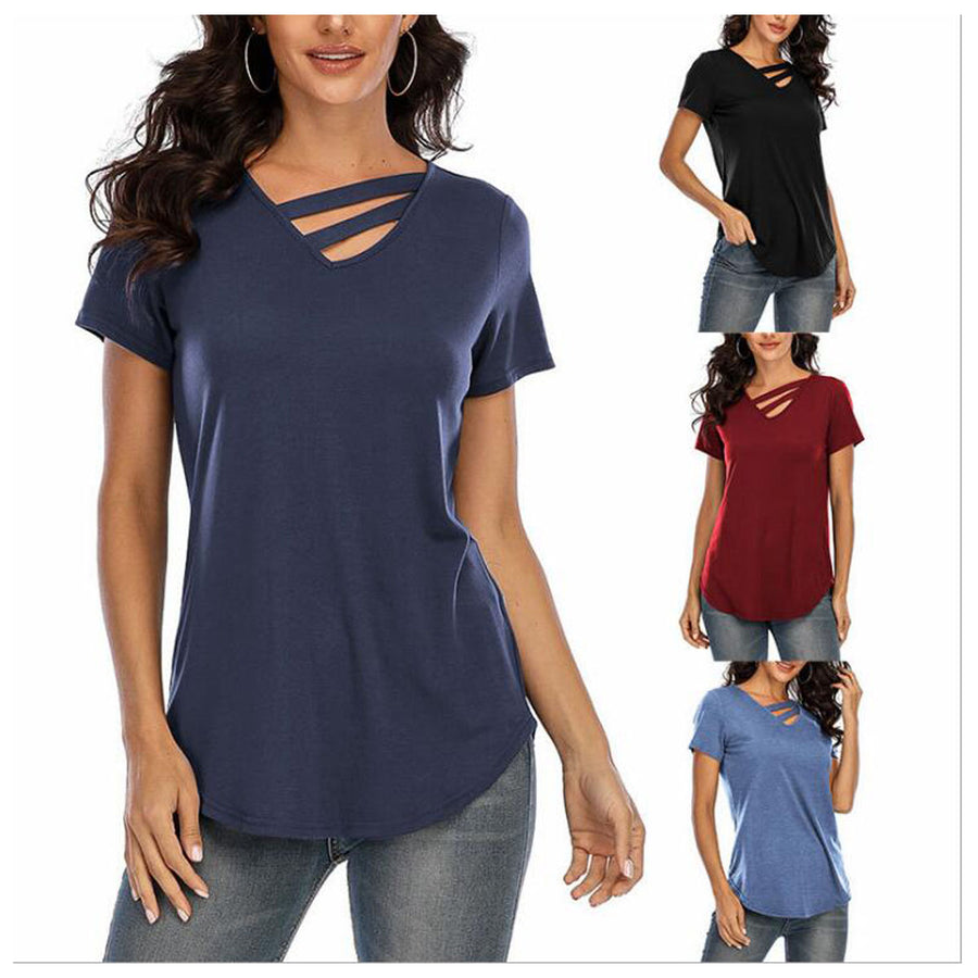 V-Neck Criss Cross Shirts Loose Fit Tunic Tops Irregular Hem Casual T-Shirt Image 1