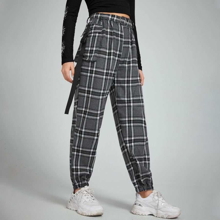 Belted Plaid Joggers Image 1
