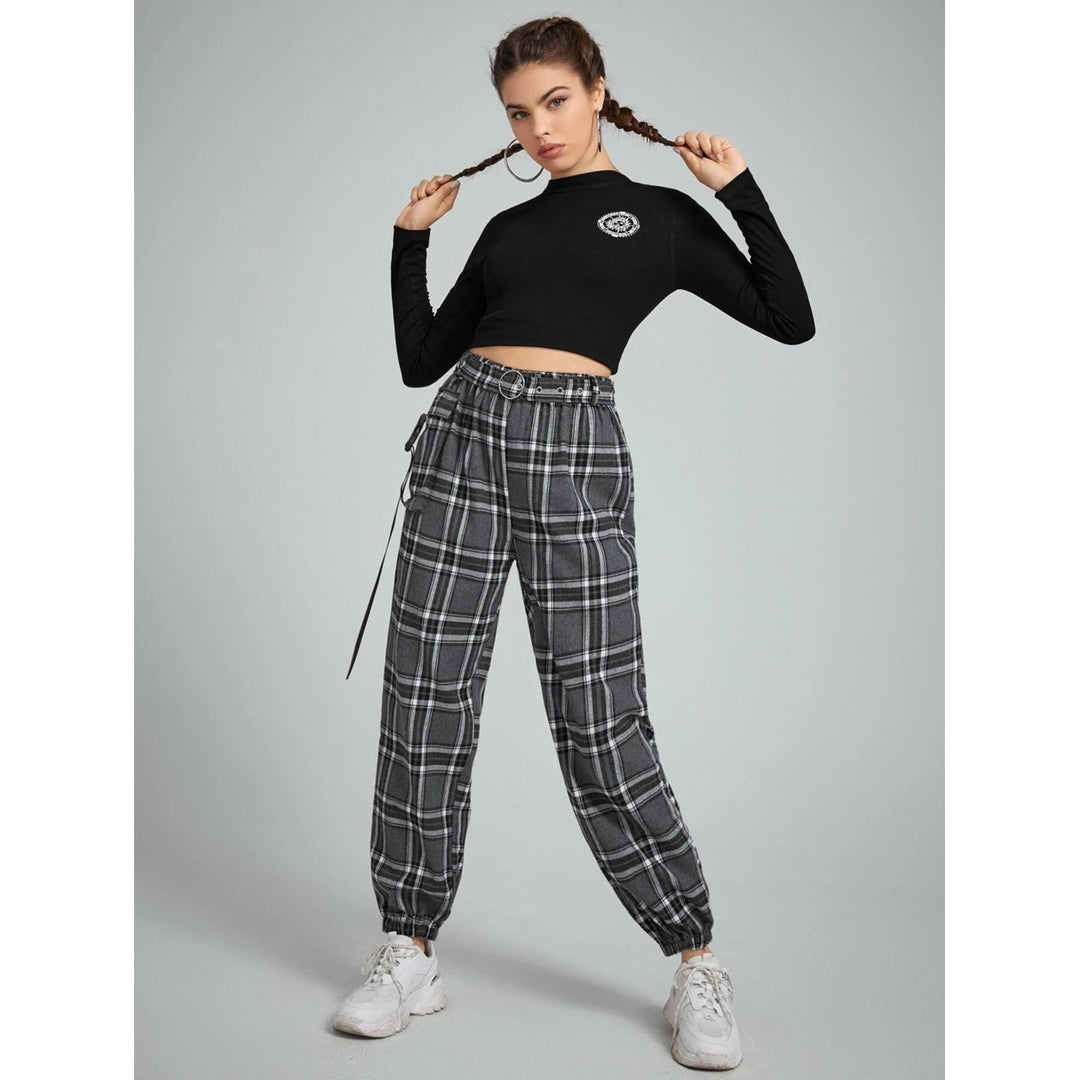 Belted Plaid Joggers Image 3