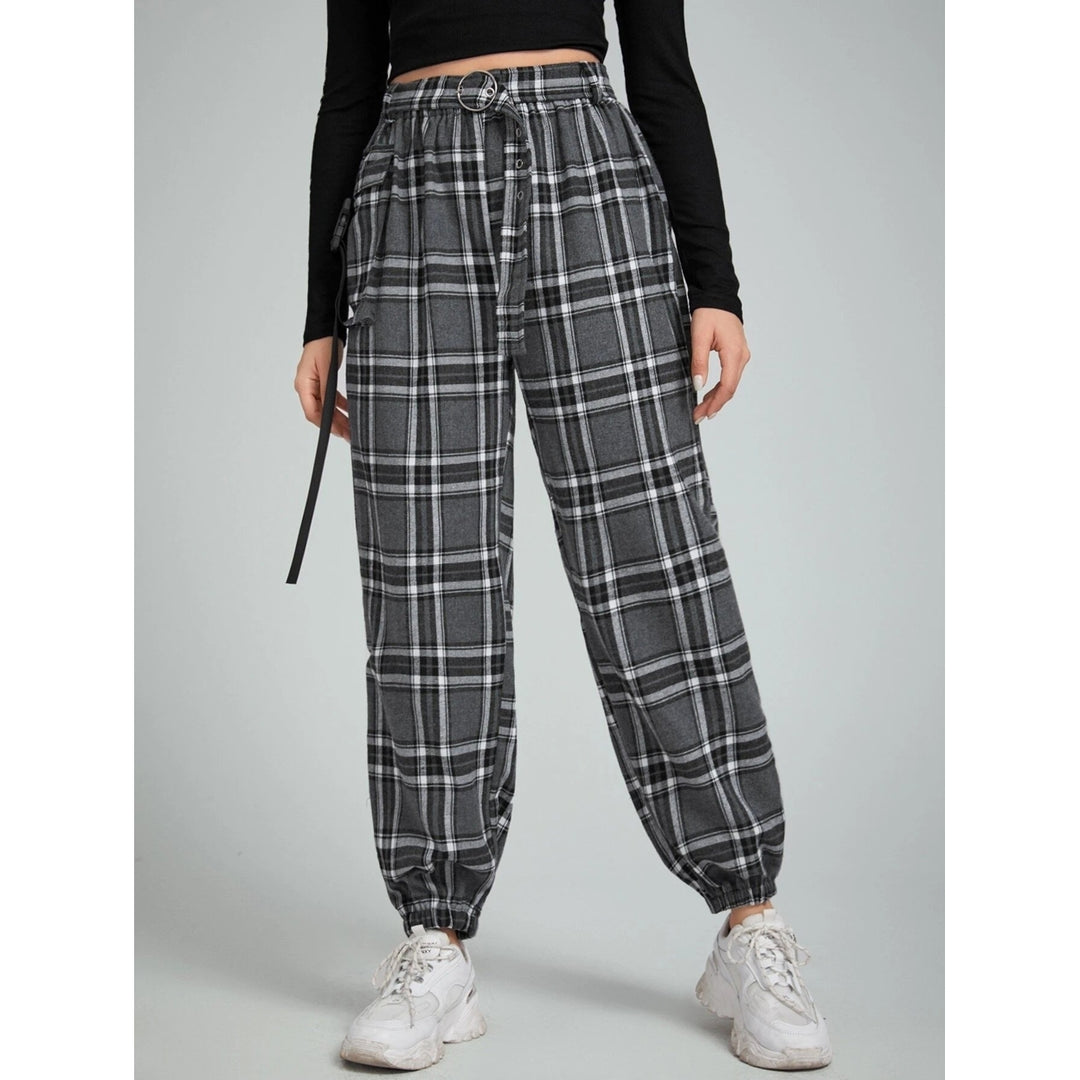 Belted Plaid Joggers Image 4