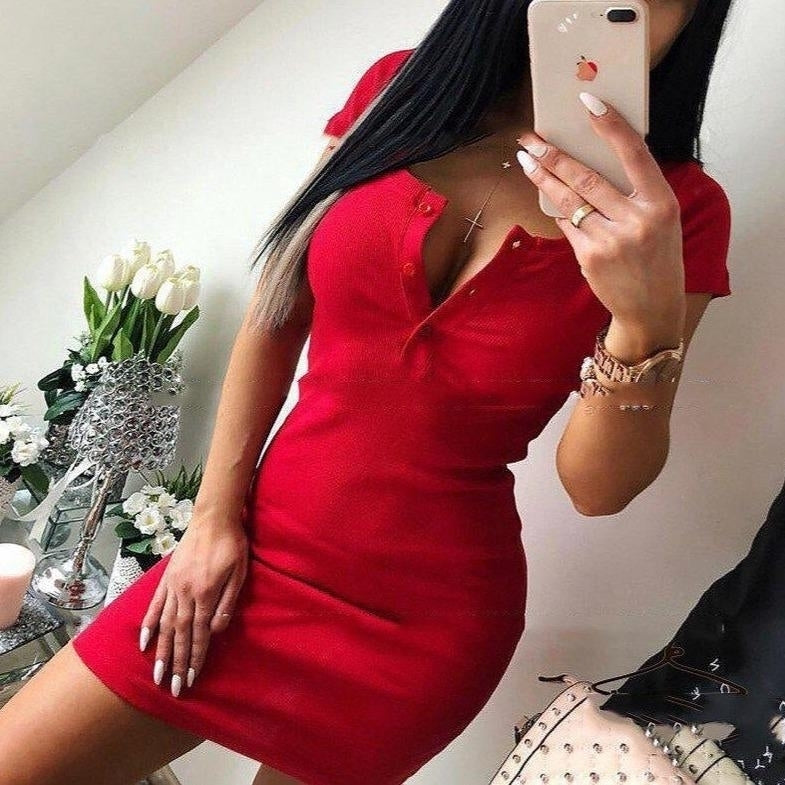 Button Round Neck Short-sleeved Dress Female Tight-fitting Hip Image 1