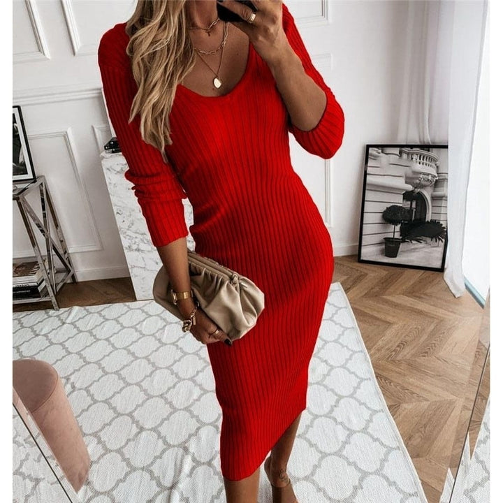 casual solid color low-cut V-neck sexy dress Image 4