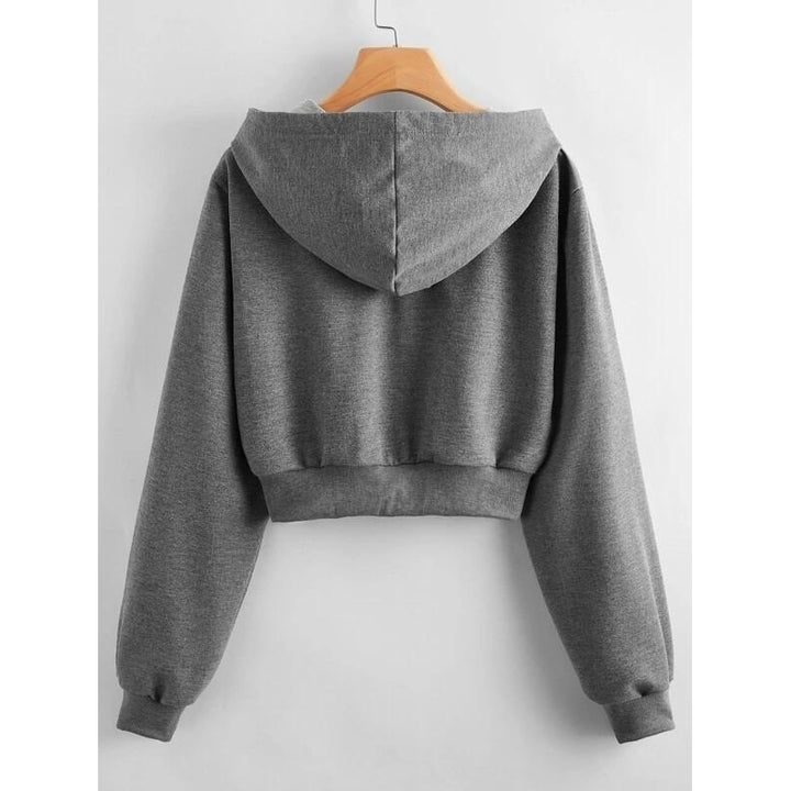 Drop Shoulder Zip Up Drawstring Crop Hoodie Image 3