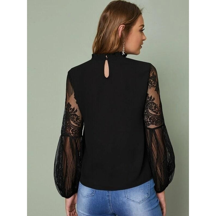 Frilled Neck Lace Sheer Sleeve Shirt Top Tee Image 2