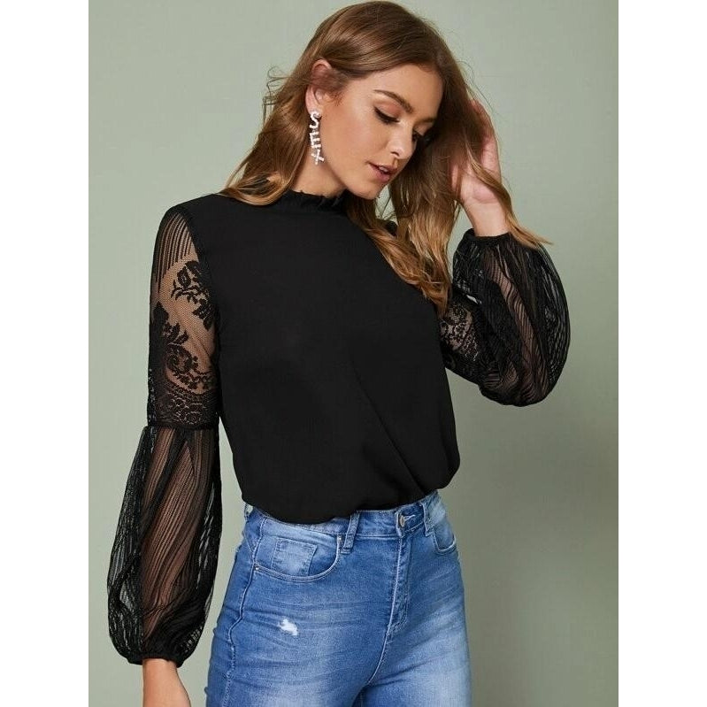 Frilled Neck Lace Sheer Sleeve Shirt Top Tee Image 4