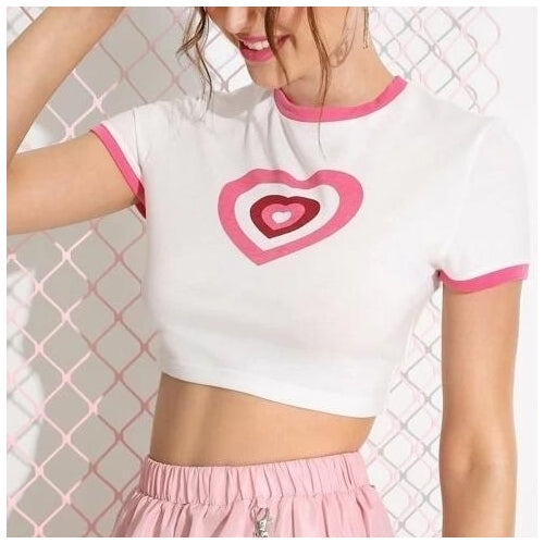 Heart Graphic Cropped Ringer Shirt Top Tee Image 1