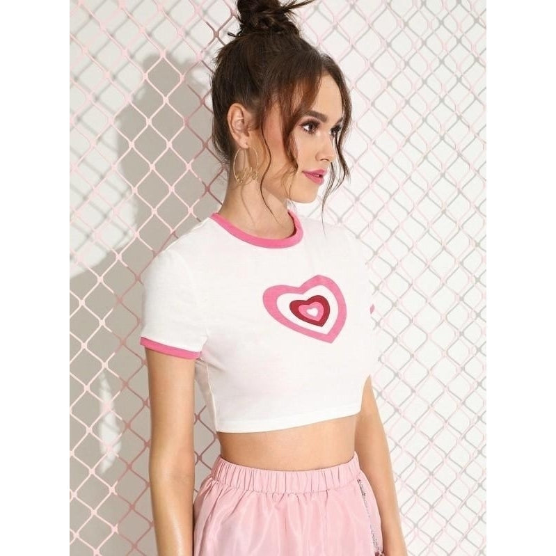 Heart Graphic Cropped Ringer Shirt Top Tee Image 2
