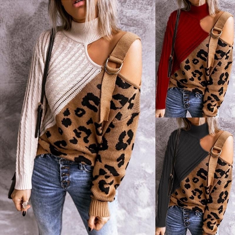 High Collar Leopard Print Sweater Image 1