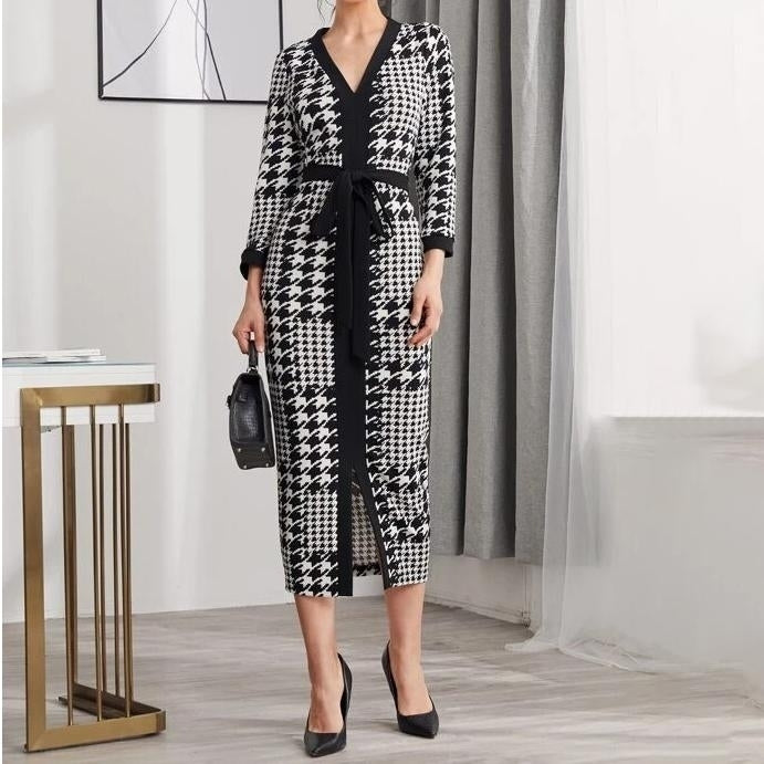 Houndstooth Split Hem Belted Dress Image 1