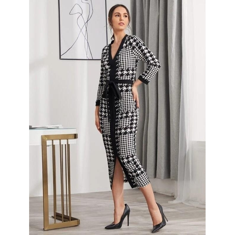 Houndstooth Split Hem Belted Dress Image 3