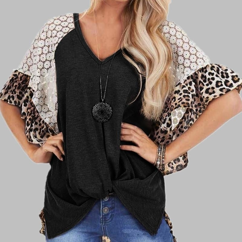 Lace Hollow Leopard Shirt Top Tee Image 1