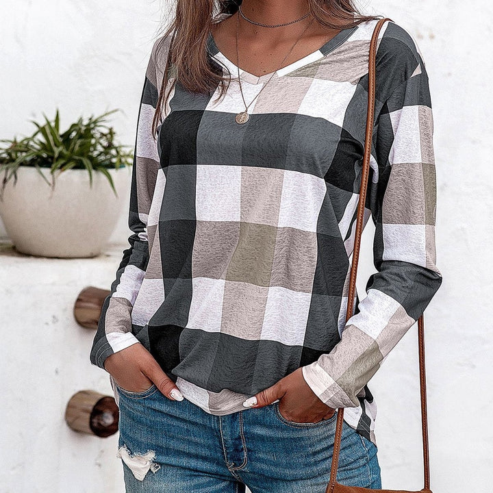 Long Sleeve Grid Shirt Top Blouse Image 1