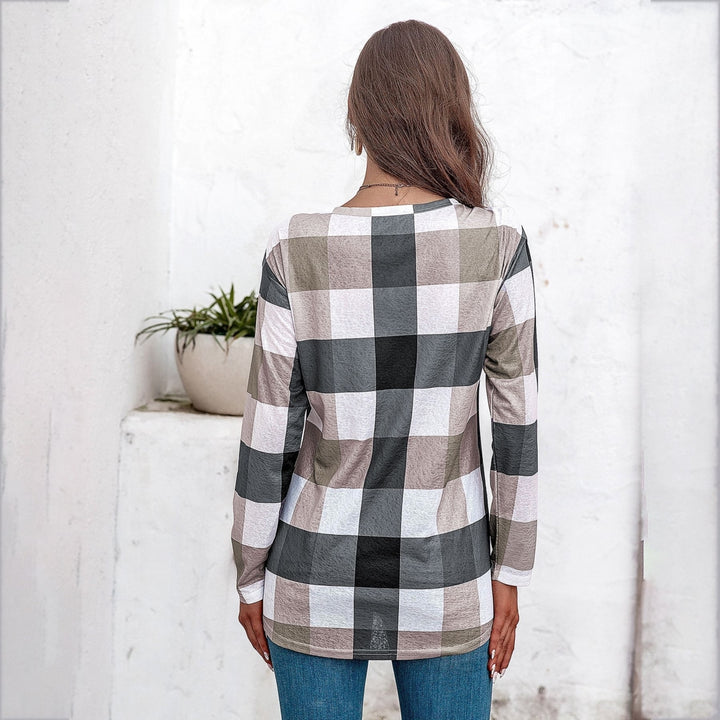 Long Sleeve Grid Shirt Top Blouse Image 2