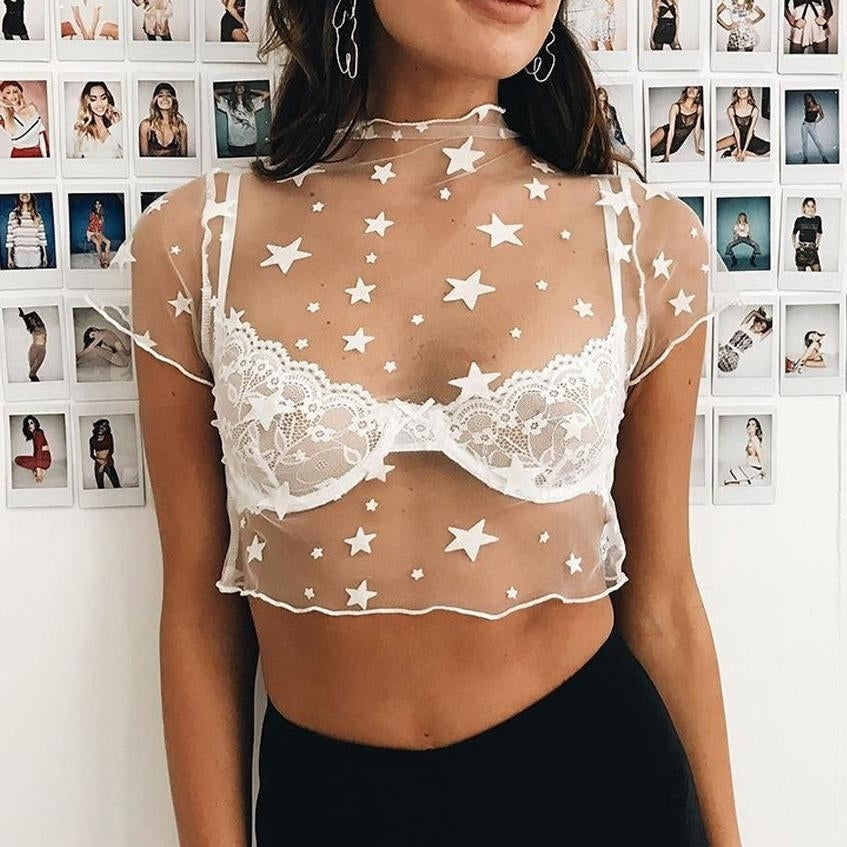 Mock Neck Crop Star Mesh Top V Neck Bra Image 2