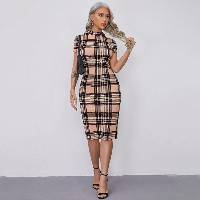 Mock-neck Tartan Pencil Dress Image 1